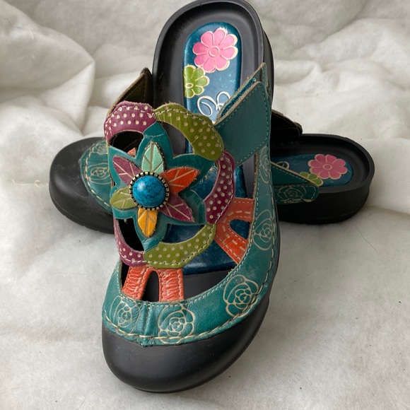 Shoe slide 37 floral turquoise - Picture 1 of 6